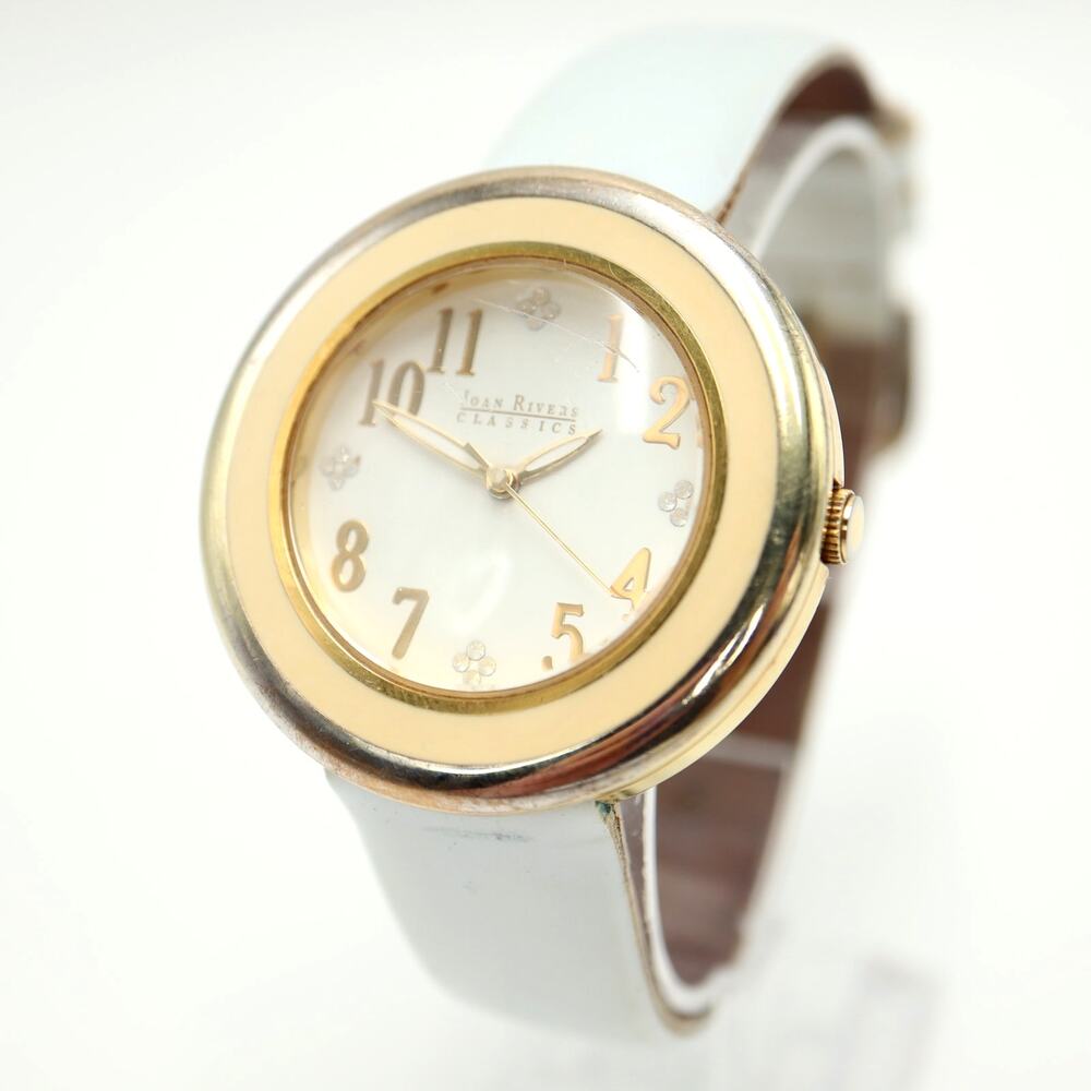 Joan Rivers Classic Womens Watch 41mm Cream Bezel White Leather w New Battery